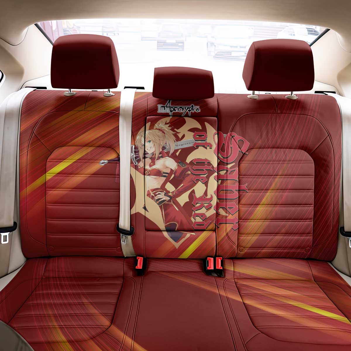 Saber of Red Fate Apocrypha Theme Back Car Seat Cover with Sword Pose and Fiery Red Gradient Graphic Design - The Mazicc