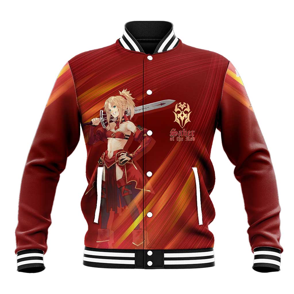 Saber of Red Fate Apocrypha Theme Baseball Jacket with Sword Pose and Fiery Red Gradient Graphic Design - The Mazicc