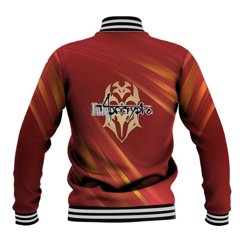 Saber of Red Fate Apocrypha Theme Baseball Jacket with Sword Pose and Fiery Red Gradient Graphic Design - The Mazicc