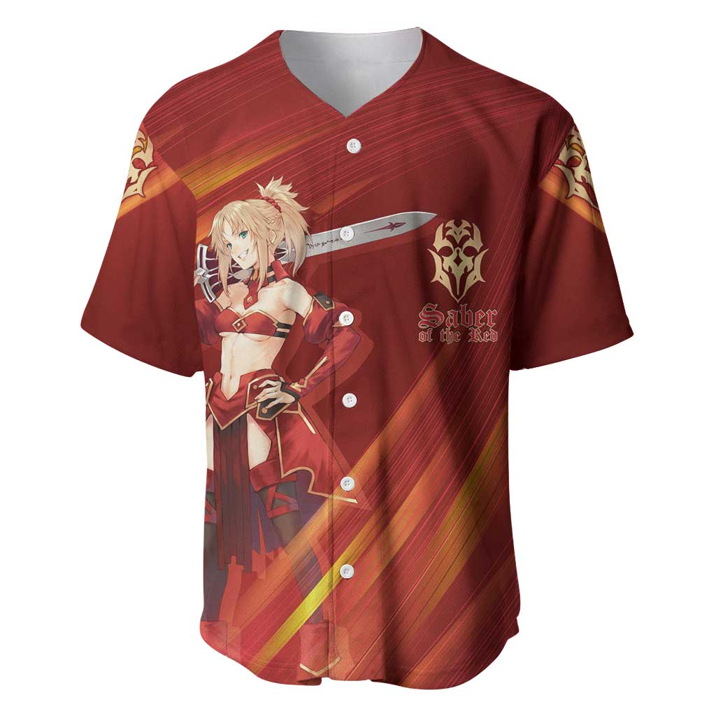Saber of Red Fate Apocrypha Theme Baseball Jersey with Sword Pose and Fiery Red Gradient Graphic Design - The Mazicc