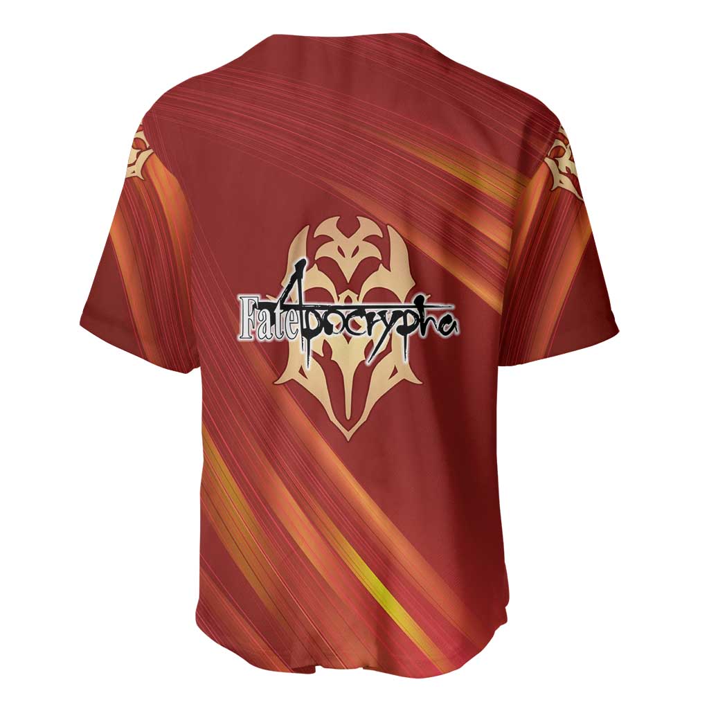 Saber of Red Fate Apocrypha Theme Baseball Jersey with Sword Pose and Fiery Red Gradient Graphic Design - The Mazicc