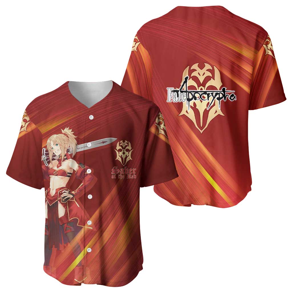 Saber of Red Fate Apocrypha Theme Baseball Jersey with Sword Pose and Fiery Red Gradient Graphic Design - The Mazicc