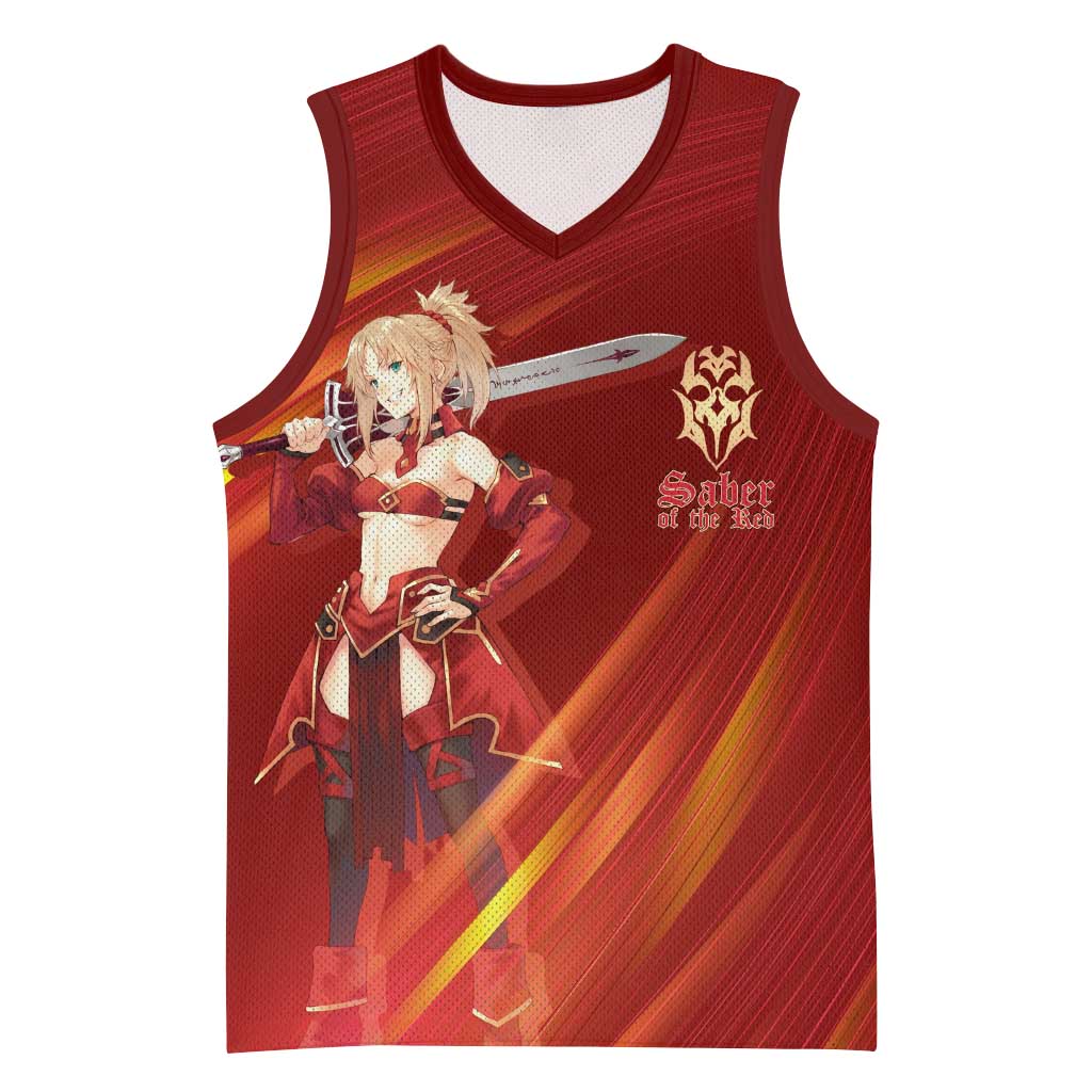 Saber of Red Fate Apocrypha Theme Basketball Jersey with Sword Pose and Fiery Red Gradient Graphic Design - The Mazicc