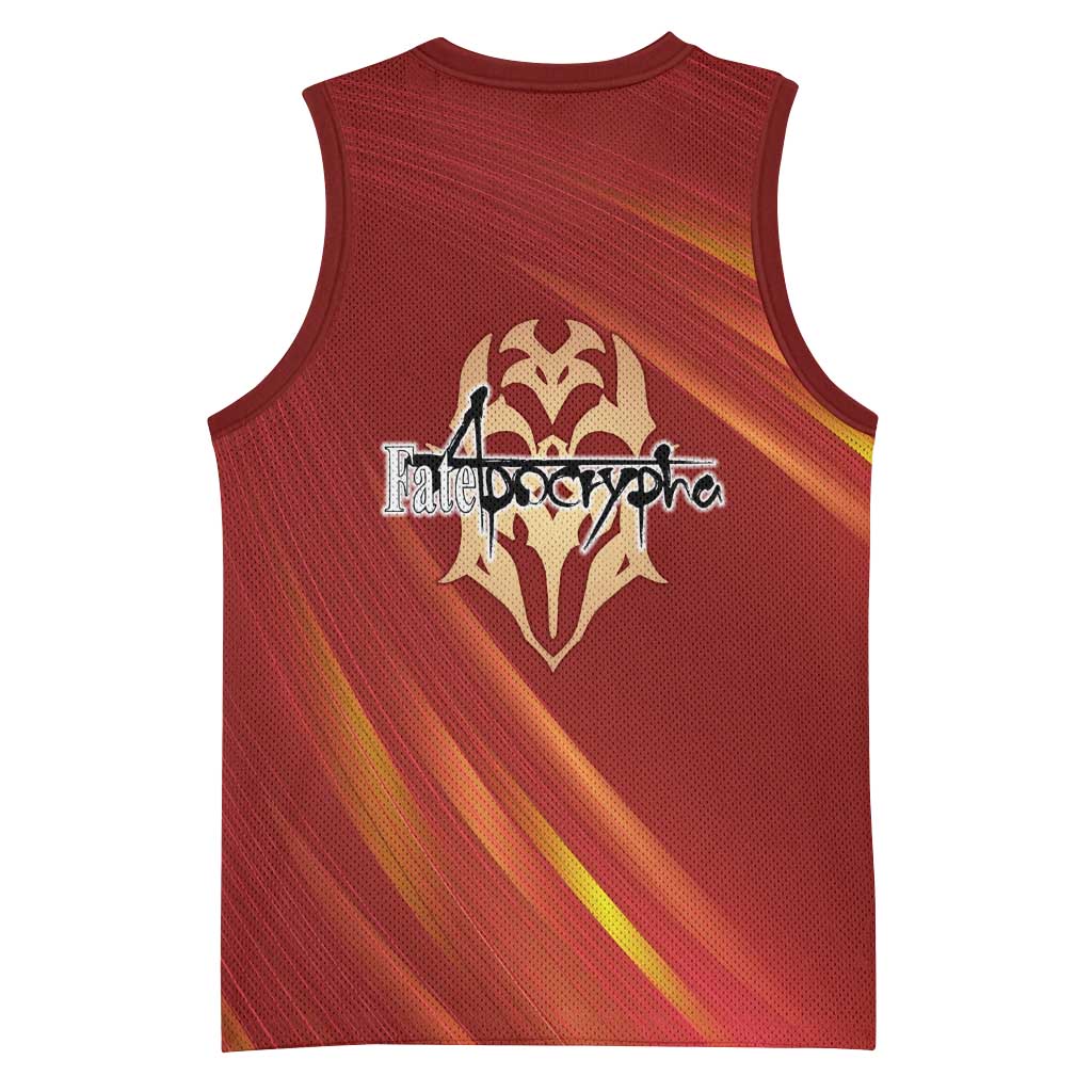 Saber of Red Fate Apocrypha Theme Basketball Jersey with Sword Pose and Fiery Red Gradient Graphic Design - The Mazicc