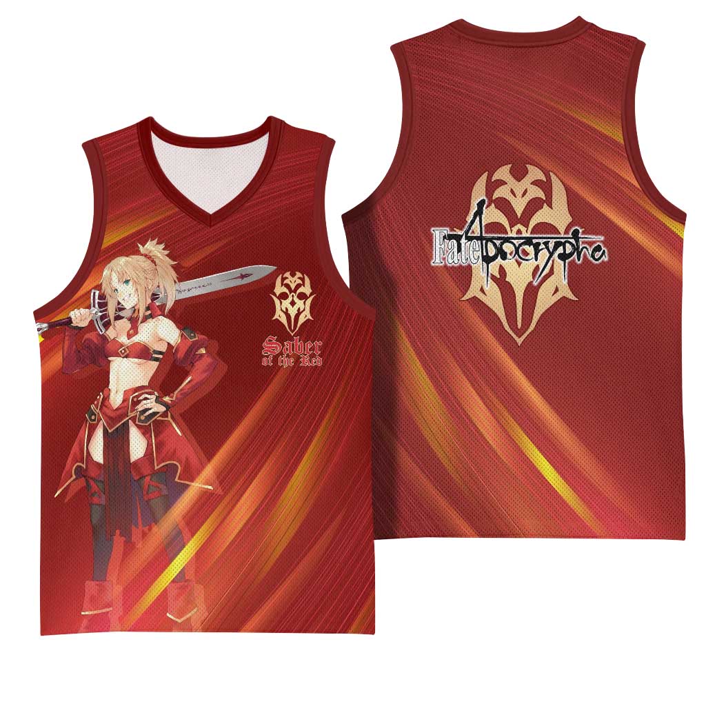 Saber of Red Fate Apocrypha Theme Basketball Jersey with Sword Pose and Fiery Red Gradient Graphic Design - The Mazicc