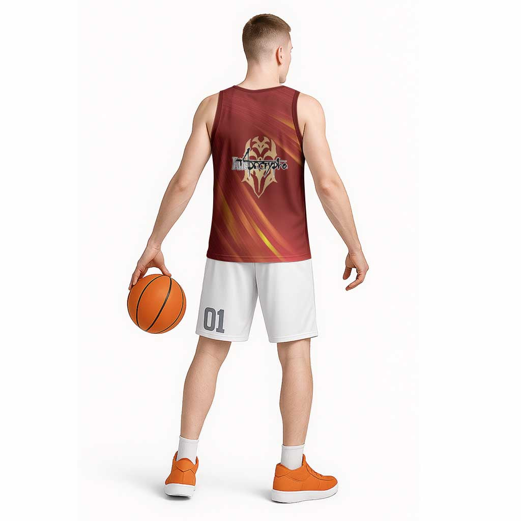 Saber of Red Fate Apocrypha Theme Basketball Jersey with Sword Pose and Fiery Red Gradient Graphic Design - The Mazicc