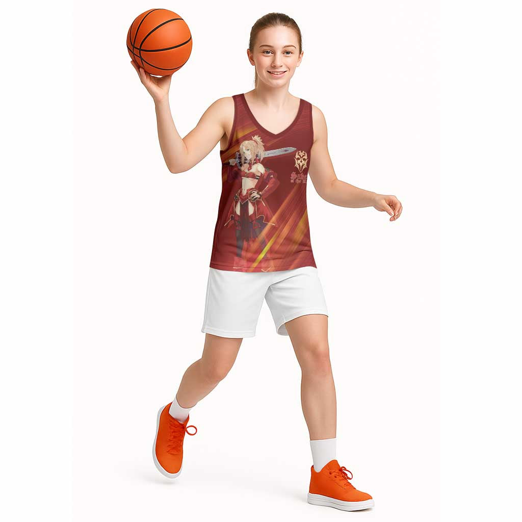 Saber of Red Fate Apocrypha Theme Basketball Jersey with Sword Pose and Fiery Red Gradient Graphic Design - The Mazicc