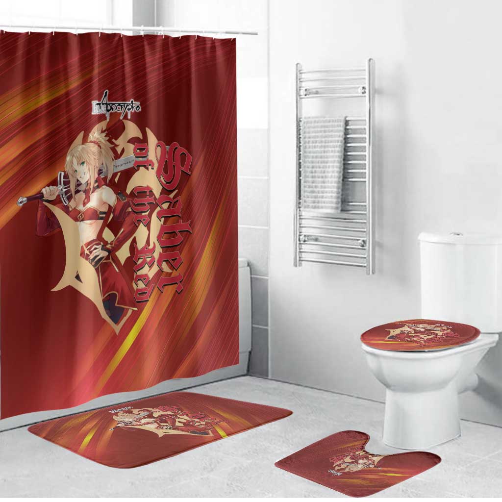 Saber of Red Fate Apocrypha Theme Bathroom Set with Sword Pose and Fiery Red Gradient Graphic Design - The Mazicc