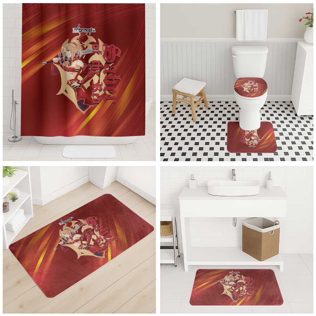 Saber of Red Fate Apocrypha Theme Bathroom Set with Sword Pose and Fiery Red Gradient Graphic Design - The Mazicc