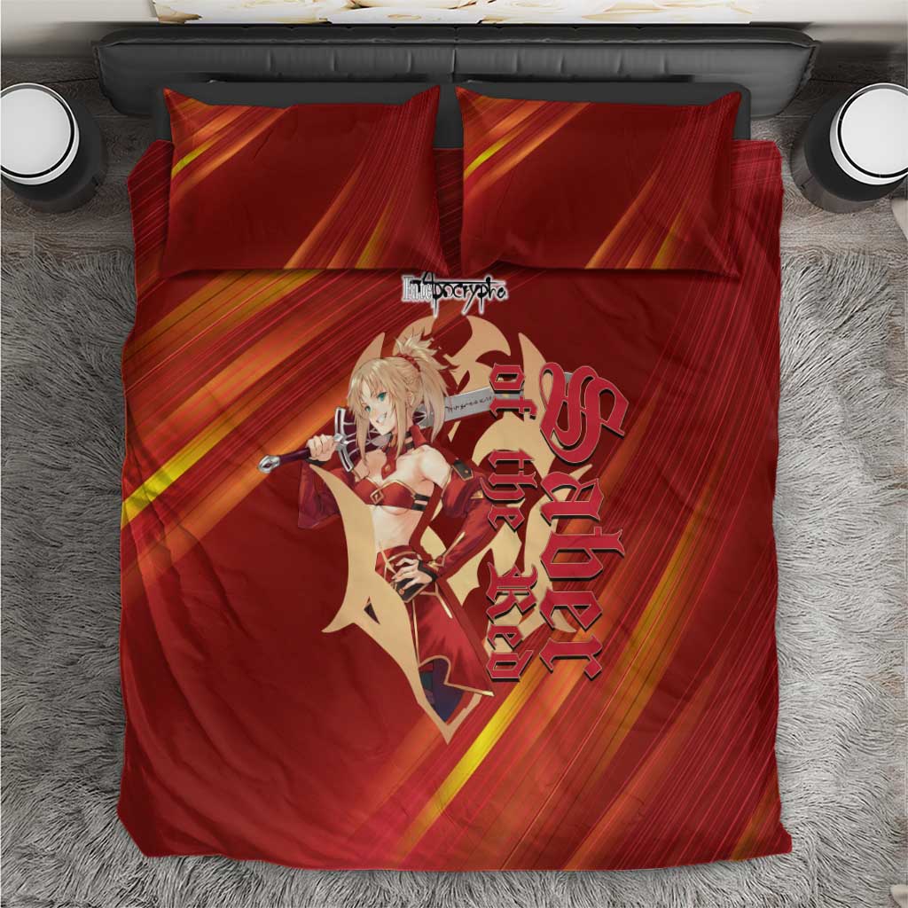 Saber of Red Fate Apocrypha Theme Bedding Set with Sword Pose and Fiery Red Gradient Graphic Design - The Mazicc