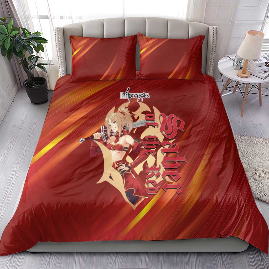 Saber of Red Fate Apocrypha Theme Bedding Set with Sword Pose and Fiery Red Gradient Graphic Design - The Mazicc