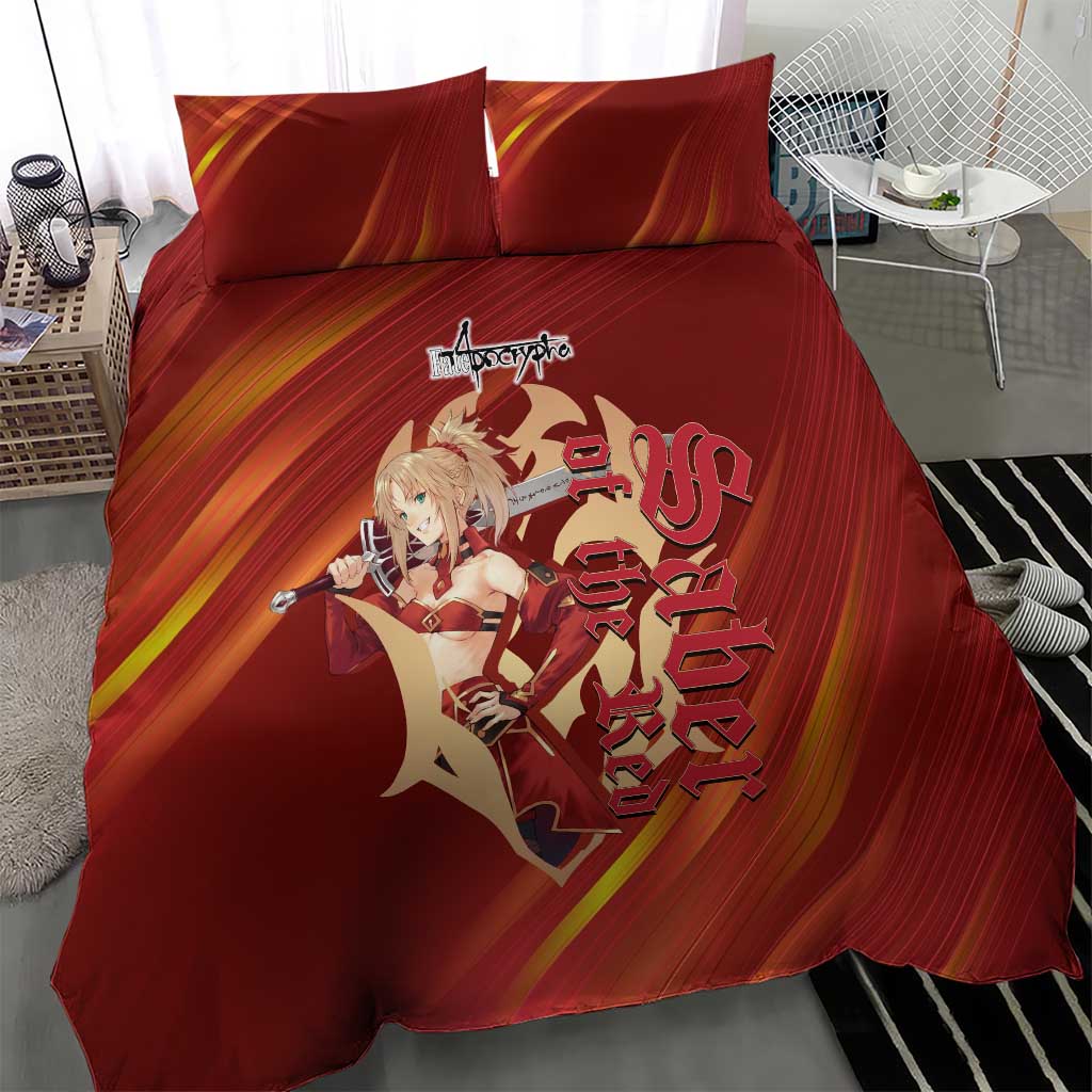 Saber of Red Fate Apocrypha Theme Bedding Set with Sword Pose and Fiery Red Gradient Graphic Design - The Mazicc