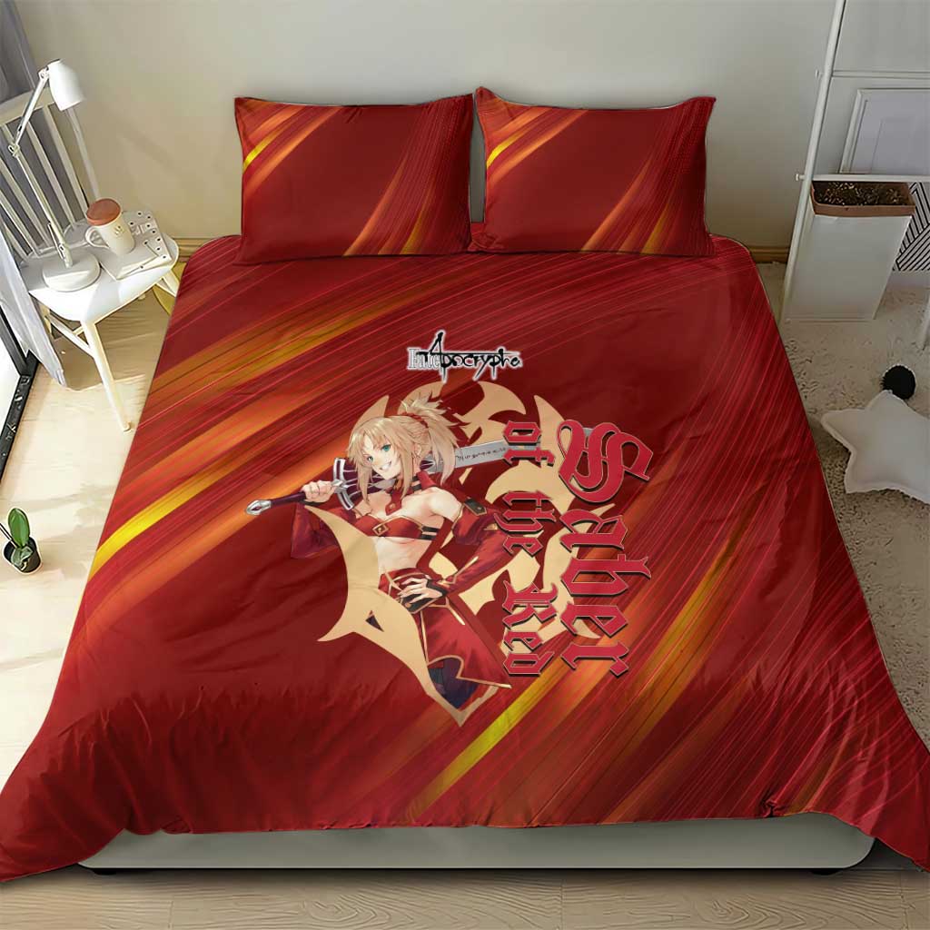 Saber of Red Fate Apocrypha Theme Bedding Set with Sword Pose and Fiery Red Gradient Graphic Design - The Mazicc