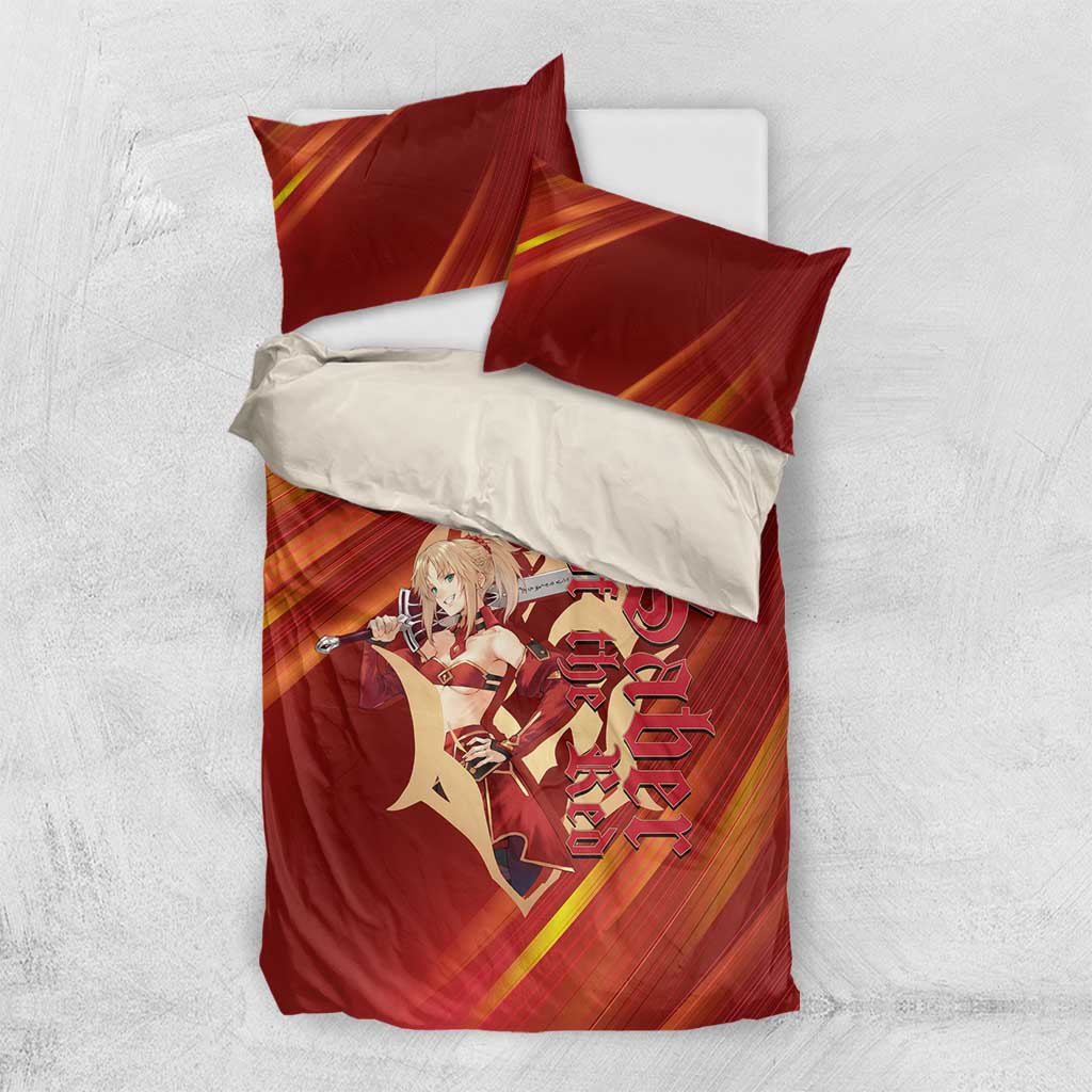 Saber of Red Fate Apocrypha Theme Bedding Set with Sword Pose and Fiery Red Gradient Graphic Design - The Mazicc