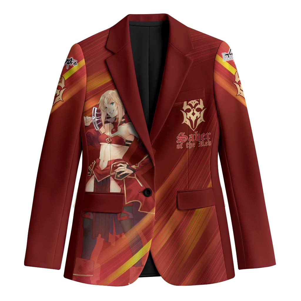 Saber of Red Fate Apocrypha Theme Blazer with Sword Pose and Fiery Red Gradient Graphic Design - The Mazicc