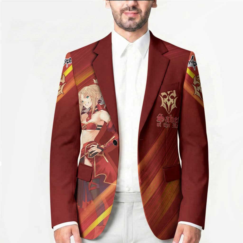 Saber of Red Fate Apocrypha Theme Blazer with Sword Pose and Fiery Red Gradient Graphic Design - The Mazicc