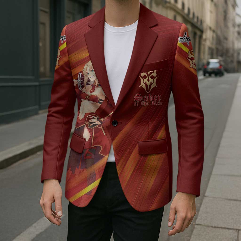 Saber of Red Fate Apocrypha Theme Blazer with Sword Pose and Fiery Red Gradient Graphic Design - The Mazicc