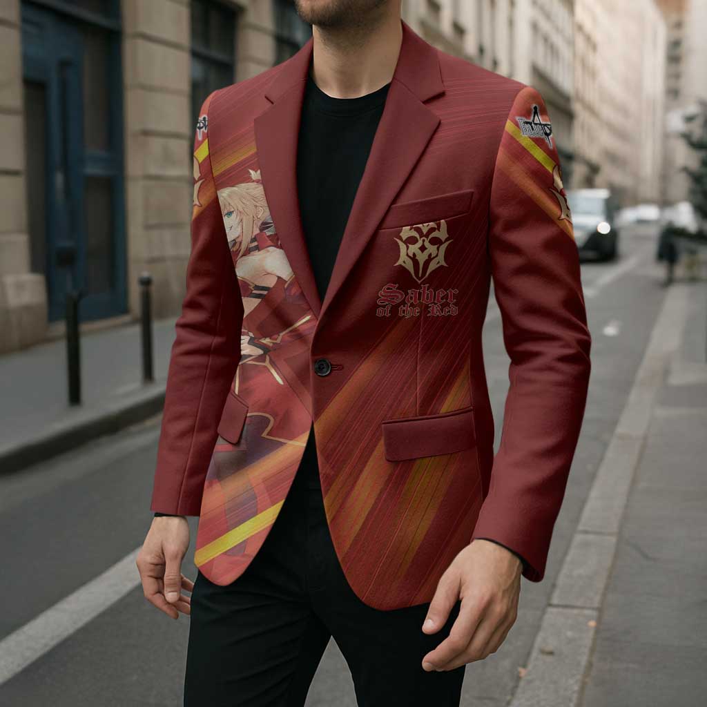 Saber of Red Fate Apocrypha Theme Blazer with Sword Pose and Fiery Red Gradient Graphic Design - The Mazicc
