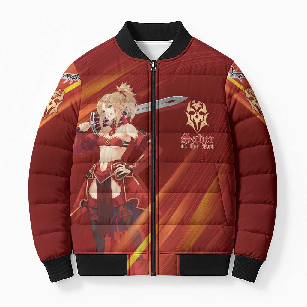 Saber of Red Fate Apocrypha Theme Bomber Puffer Jacket with Sword Pose and Fiery Red Gradient Graphic Design - The Mazicc