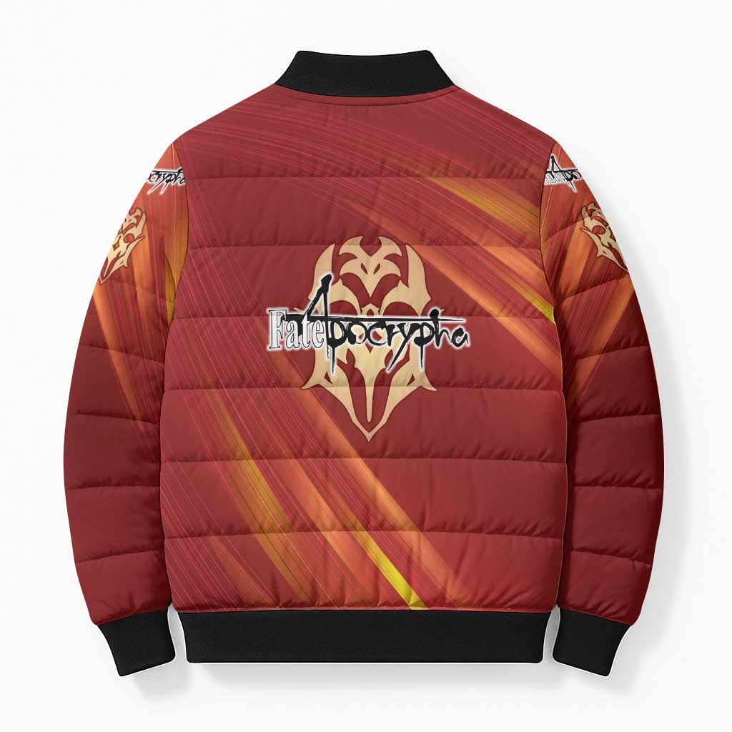 Saber of Red Fate Apocrypha Theme Bomber Puffer Jacket with Sword Pose and Fiery Red Gradient Graphic Design - The Mazicc