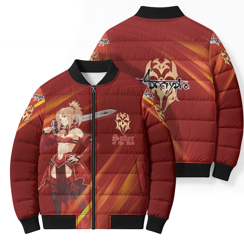 Saber of Red Fate Apocrypha Theme Bomber Puffer Jacket with Sword Pose and Fiery Red Gradient Graphic Design - The Mazicc