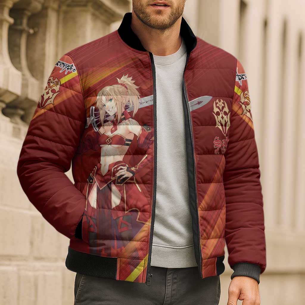 Saber of Red Fate Apocrypha Theme Bomber Puffer Jacket with Sword Pose and Fiery Red Gradient Graphic Design - The Mazicc