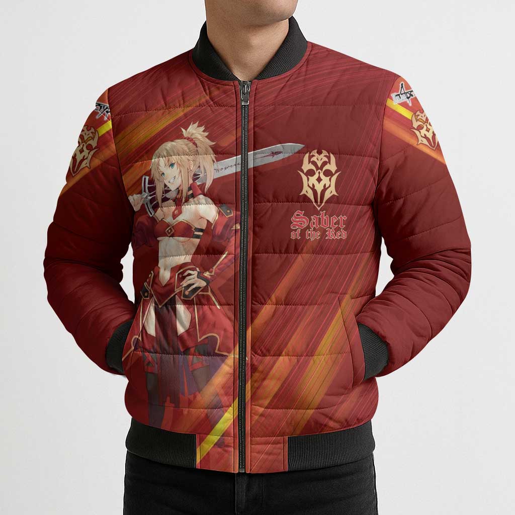 Saber of Red Fate Apocrypha Theme Bomber Puffer Jacket with Sword Pose and Fiery Red Gradient Graphic Design - The Mazicc