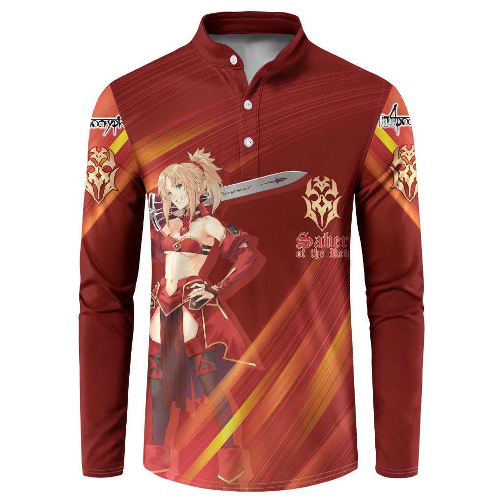Saber of Red Fate Apocrypha Theme Button Sweatshirt with Sword Pose and Fiery Red Gradient Graphic Design - The Mazicc