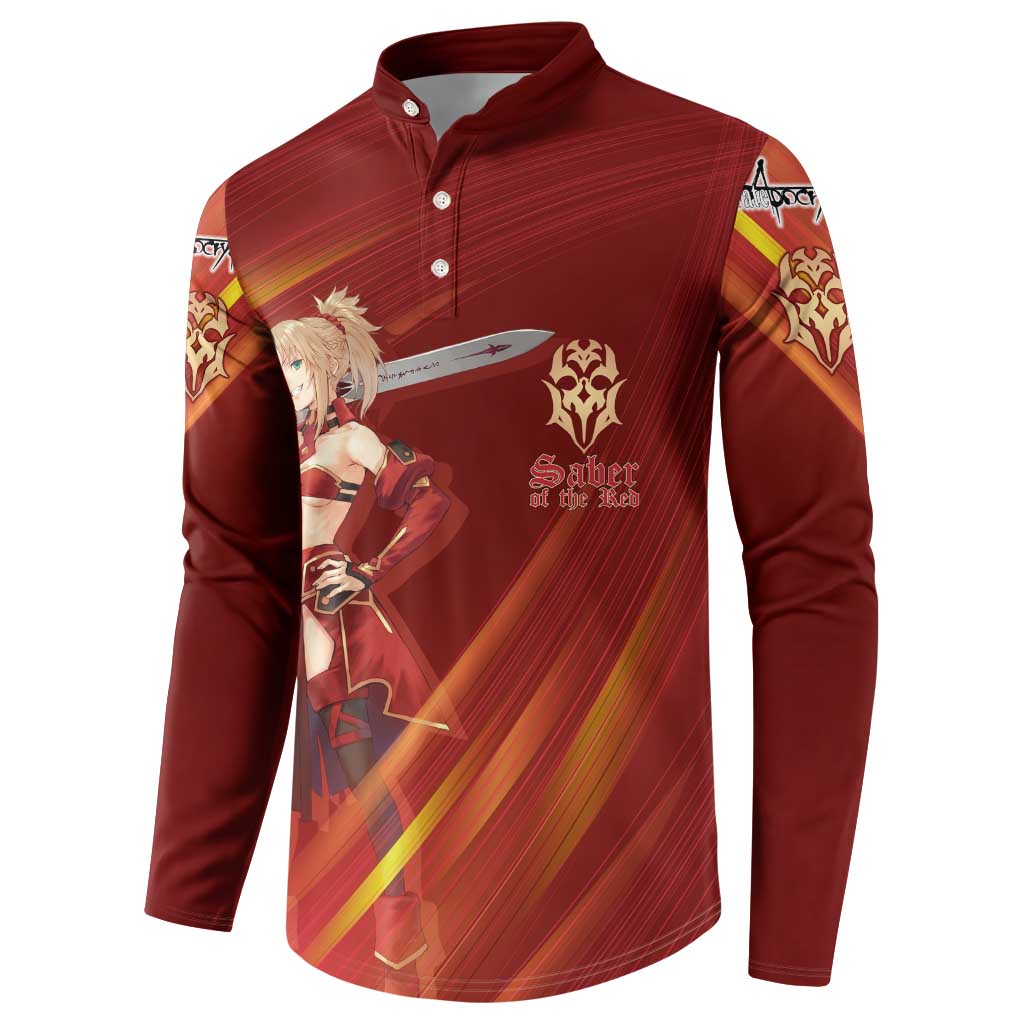 Saber of Red Fate Apocrypha Theme Button Sweatshirt with Sword Pose and Fiery Red Gradient Graphic Design - The Mazicc