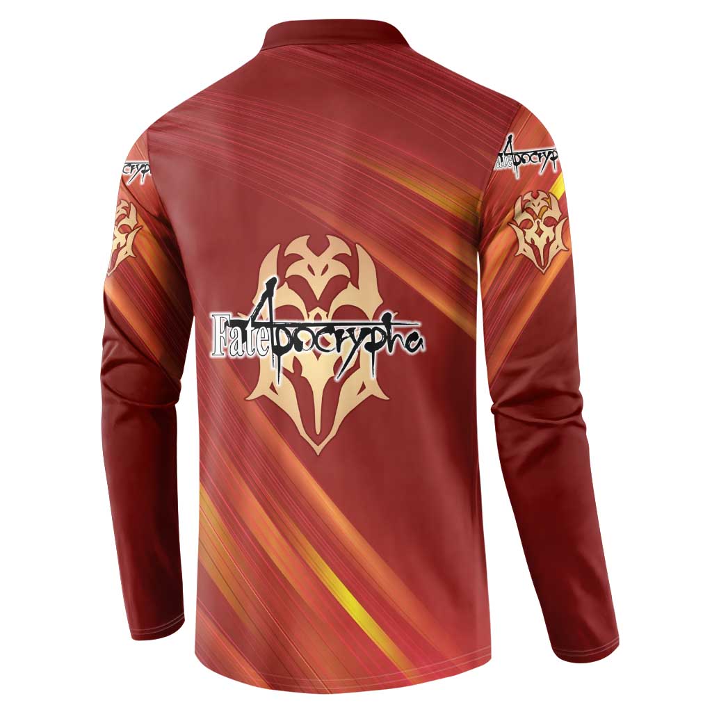 Saber of Red Fate Apocrypha Theme Button Sweatshirt with Sword Pose and Fiery Red Gradient Graphic Design - The Mazicc