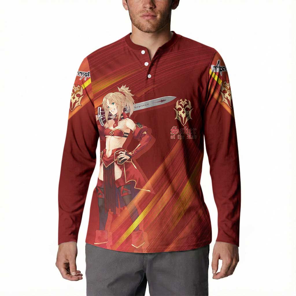 Saber of Red Fate Apocrypha Theme Button Sweatshirt with Sword Pose and Fiery Red Gradient Graphic Design - The Mazicc