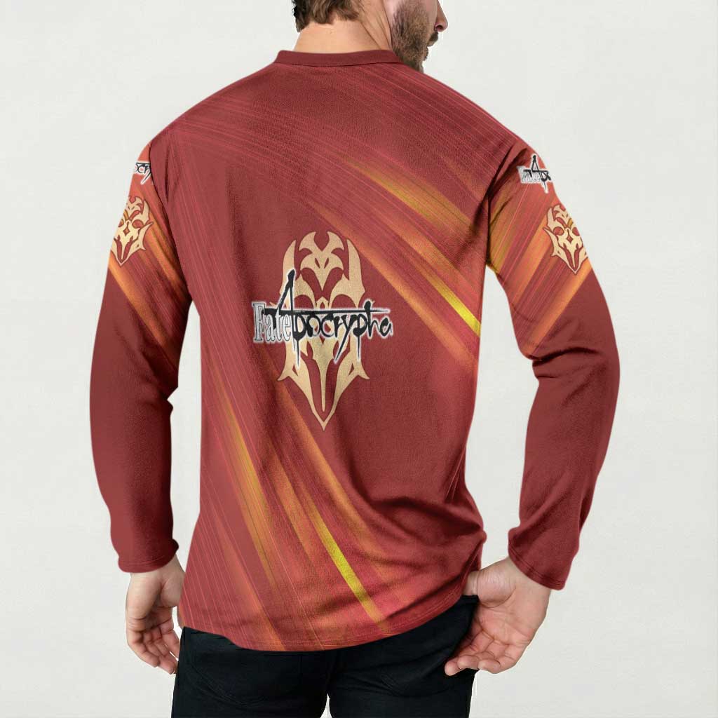 Saber of Red Fate Apocrypha Theme Button Sweatshirt with Sword Pose and Fiery Red Gradient Graphic Design - The Mazicc