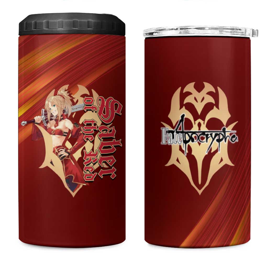 Saber of Red Fate Apocrypha Theme 4 in 1 Can Cooler Tumbler with Sword Pose and Fiery Red Gradient Graphic Design - The Mazicc