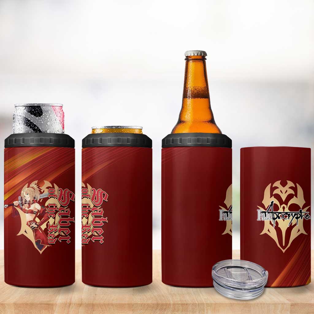 Saber of Red Fate Apocrypha Theme 4 in 1 Can Cooler Tumbler with Sword Pose and Fiery Red Gradient Graphic Design - The Mazicc