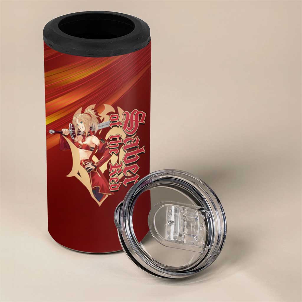 Saber of Red Fate Apocrypha Theme 4 in 1 Can Cooler Tumbler with Sword Pose and Fiery Red Gradient Graphic Design - The Mazicc