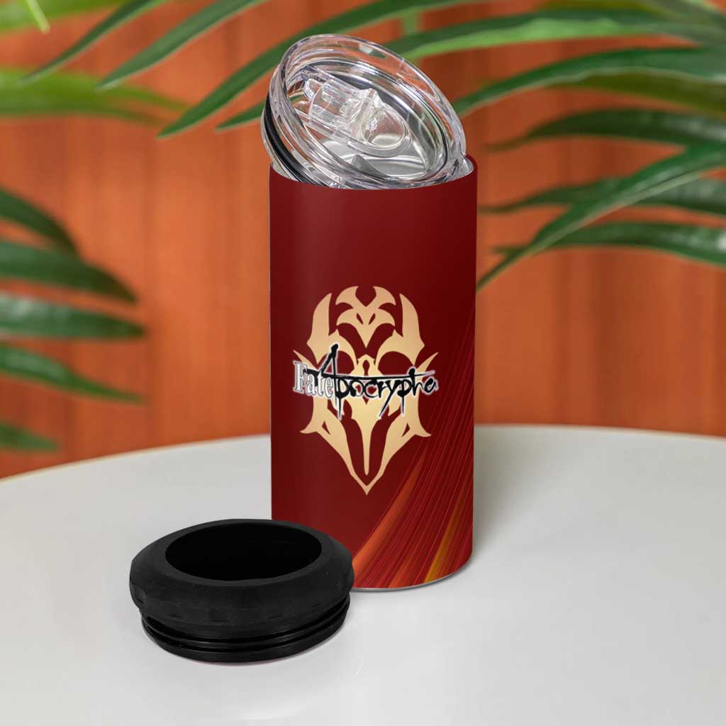 Saber of Red Fate Apocrypha Theme 4 in 1 Can Cooler Tumbler with Sword Pose and Fiery Red Gradient Graphic Design - The Mazicc