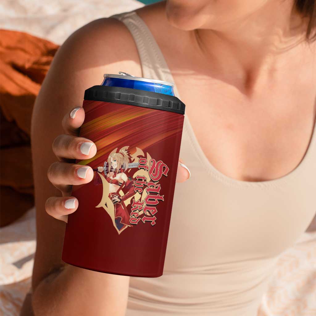 Saber of Red Fate Apocrypha Theme 4 in 1 Can Cooler Tumbler with Sword Pose and Fiery Red Gradient Graphic Design - The Mazicc