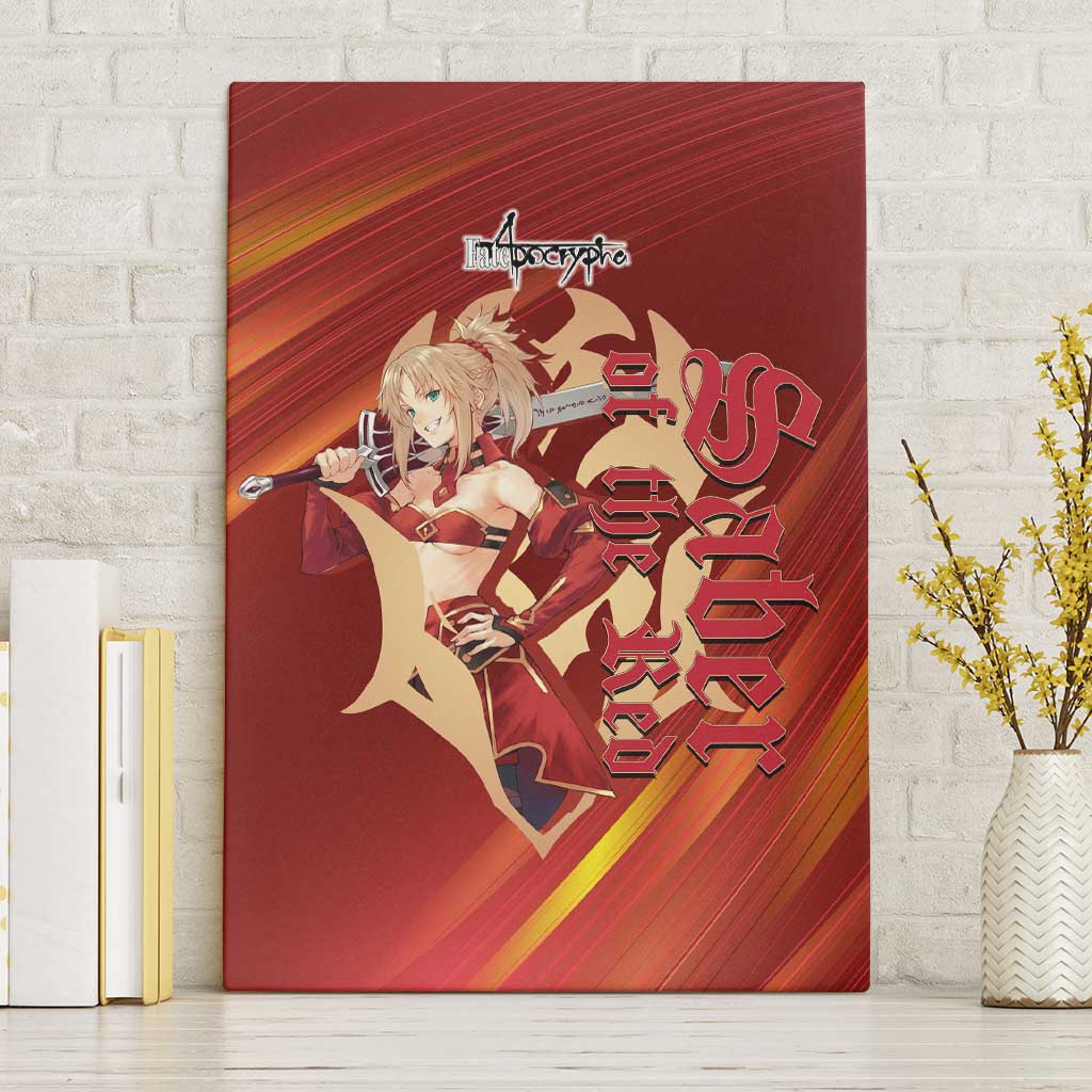 Saber of Red Fate Apocrypha Theme Canvas Wall Art with Sword Pose and Fiery Red Gradient Graphic Design - The Mazicc
