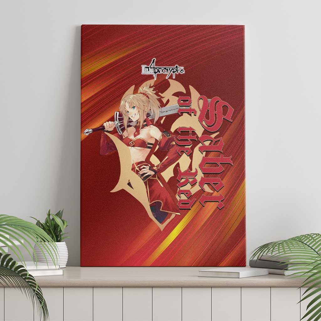 Saber of Red Fate Apocrypha Theme Canvas Wall Art with Sword Pose and Fiery Red Gradient Graphic Design - The Mazicc