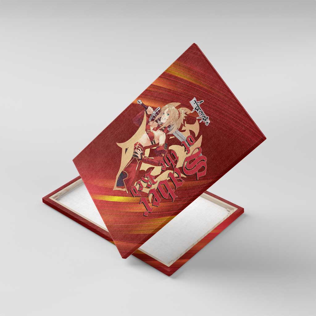 Saber of Red Fate Apocrypha Theme Canvas Wall Art with Sword Pose and Fiery Red Gradient Graphic Design - The Mazicc