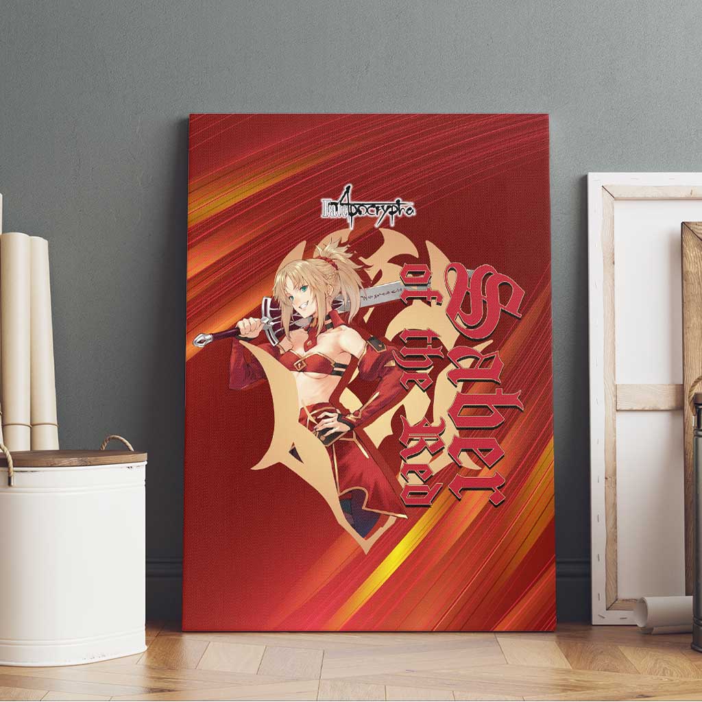 Saber of Red Fate Apocrypha Theme Canvas Wall Art with Sword Pose and Fiery Red Gradient Graphic Design - The Mazicc
