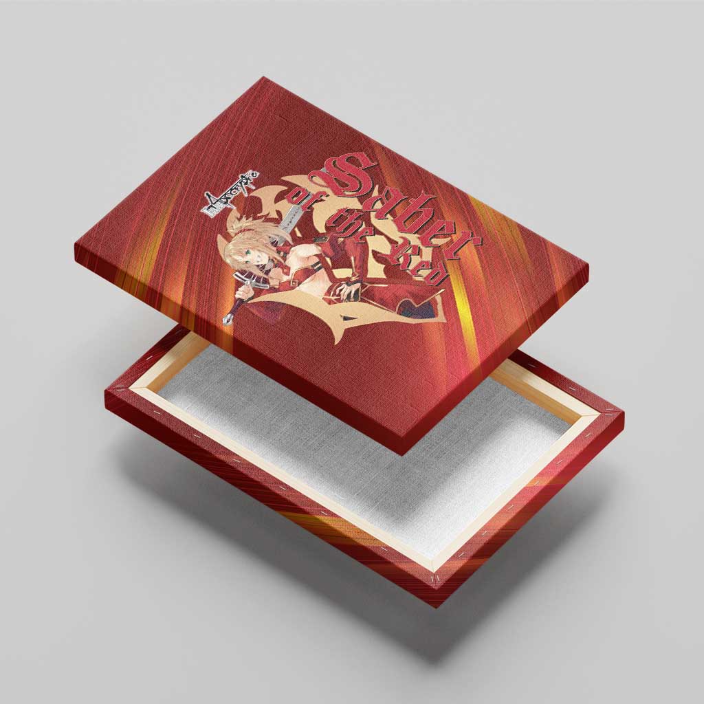 Saber of Red Fate Apocrypha Theme Canvas Wall Art with Sword Pose and Fiery Red Gradient Graphic Design - The Mazicc