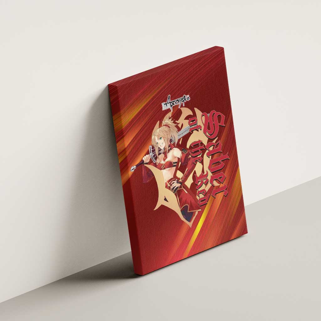 Saber of Red Fate Apocrypha Theme Canvas Wall Art with Sword Pose and Fiery Red Gradient Graphic Design - The Mazicc