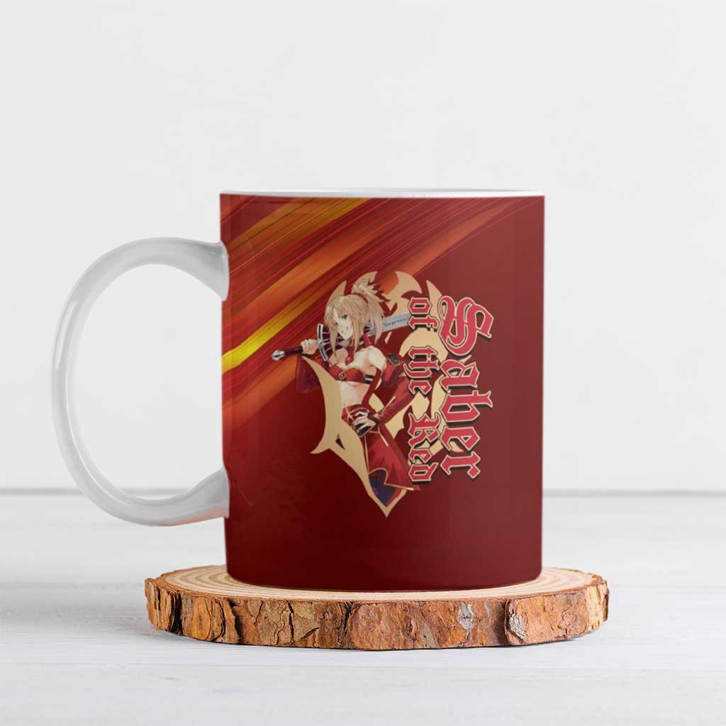 Saber of Red Fate Apocrypha Theme Ceramic Mug with Sword Pose and Fiery Red Gradient Graphic Design - The Mazicc