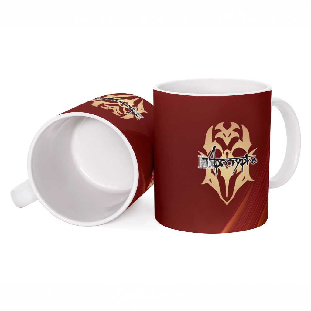 Saber of Red Fate Apocrypha Theme Ceramic Mug with Sword Pose and Fiery Red Gradient Graphic Design - The Mazicc