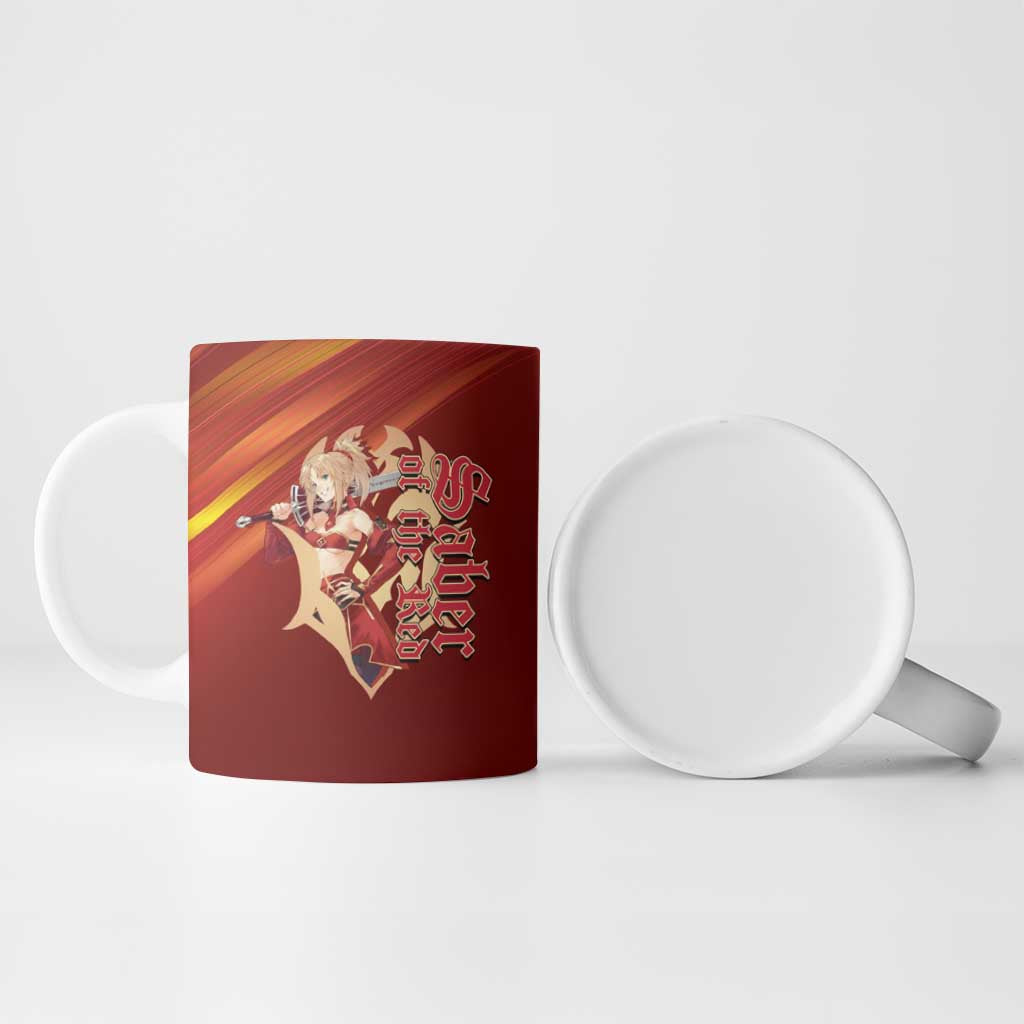 Saber of Red Fate Apocrypha Theme Ceramic Mug with Sword Pose and Fiery Red Gradient Graphic Design - The Mazicc