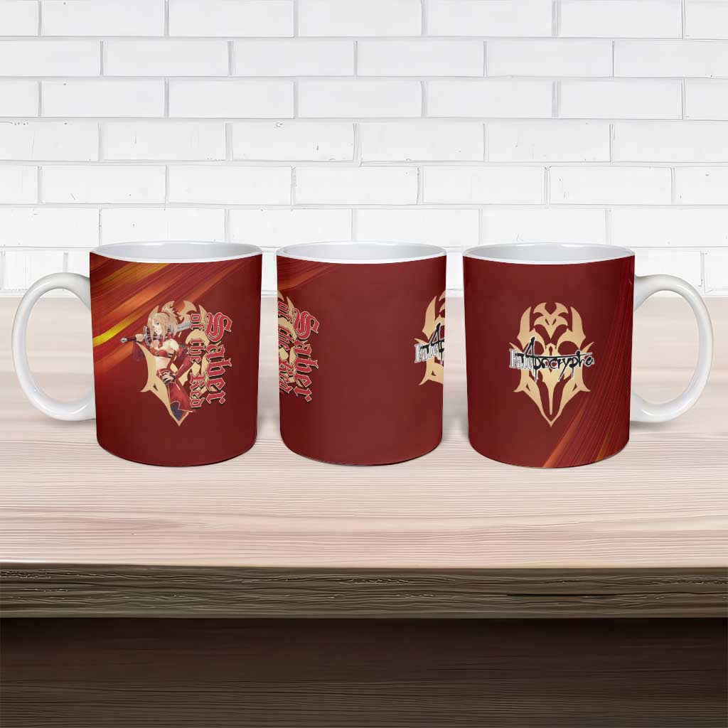Saber of Red Fate Apocrypha Theme Ceramic Mug with Sword Pose and Fiery Red Gradient Graphic Design - The Mazicc