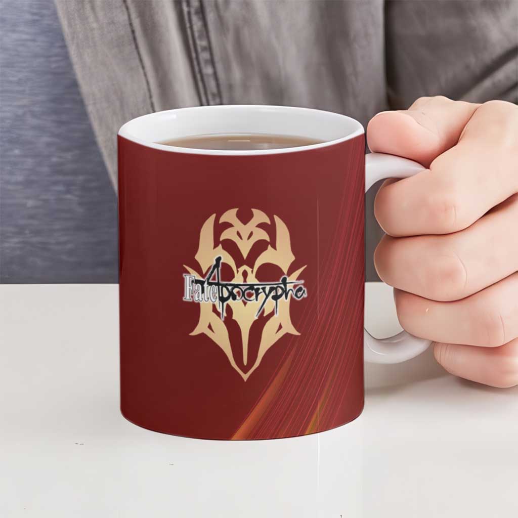 Saber of Red Fate Apocrypha Theme Ceramic Mug with Sword Pose and Fiery Red Gradient Graphic Design - The Mazicc