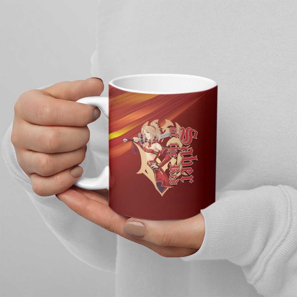 Saber of Red Fate Apocrypha Theme Ceramic Mug with Sword Pose and Fiery Red Gradient Graphic Design - The Mazicc