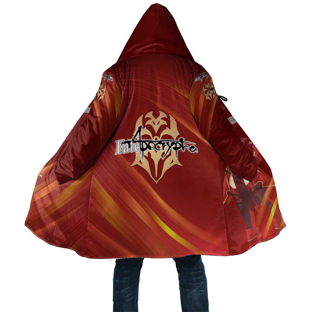 Saber of Red Fate Apocrypha Theme Cloak with Sword Pose and Fiery Red Gradient Graphic Design - The Mazicc